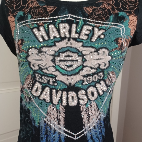 Harley Davidson Rose Wing Tee XS Black -Lace Back -Rhinestone Embellished - Picture 6 of 10